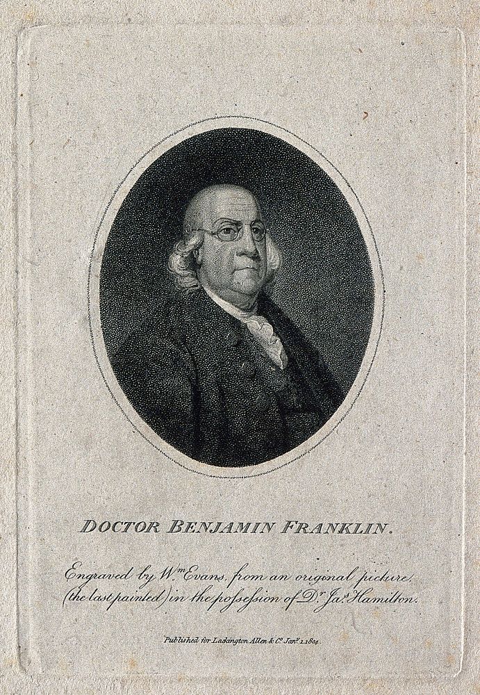 Benjamin Franklin. Stipple engraving by W. Evans, 1804.