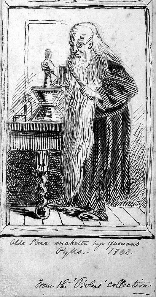 Old Parr, an elderly apothecary with an extremely long beard mixing a concoction with a pestle and mortar. Pen drawing by…