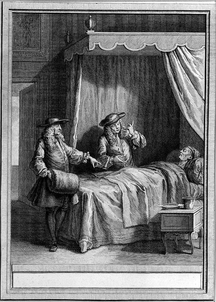 Two doctors arguing over the bed of a dying patient. Engraving by P.F. Tardieu after J.B. Oudry.