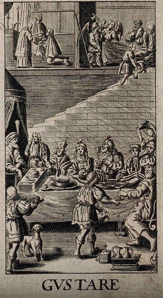 The sense of taste: diners around a feasting table containing a swan and a human skeleton, above, scenes of communion and…