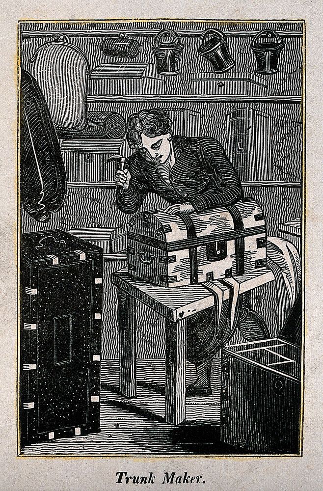 A man is hammering metal strips onto a trunk he is making. Wood engraving.