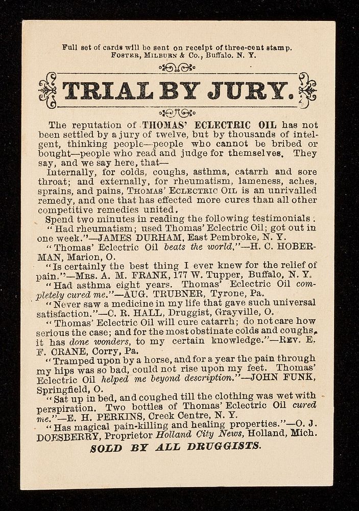 Dr. Thomas' Eclectric Oil : trial by jury / [Foster, Milburn & Co.].