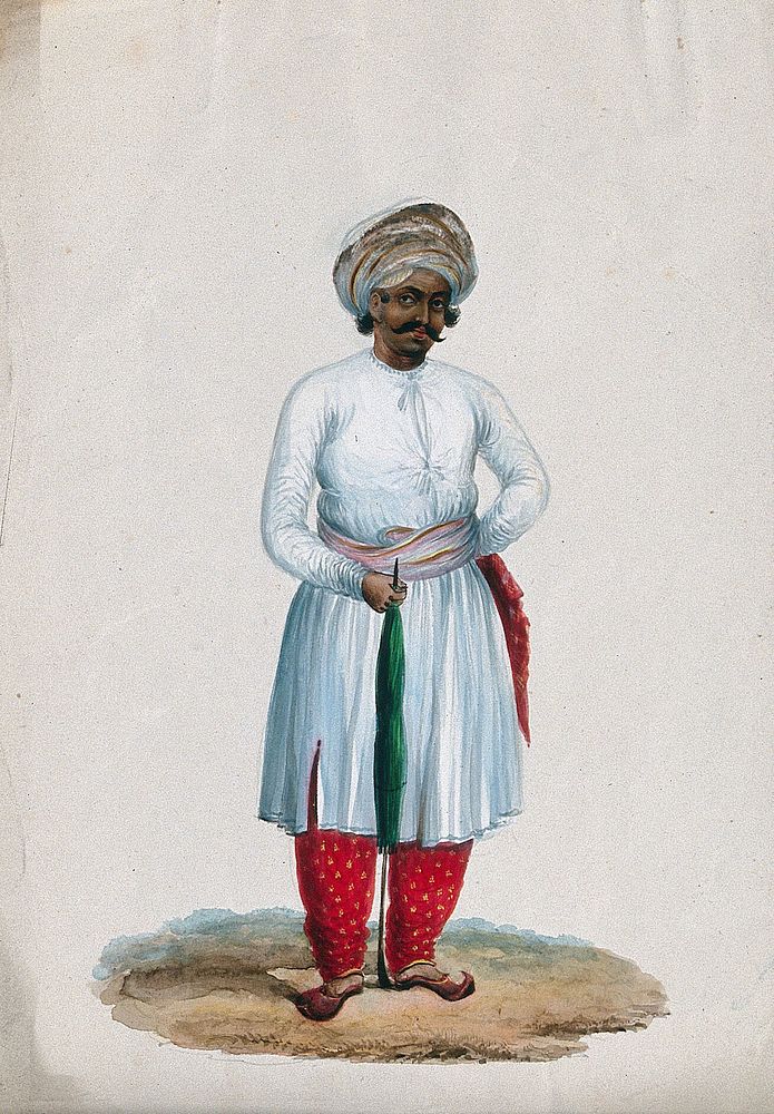 An attendant holding a umbrella. Gouache painting by an Indian artist.