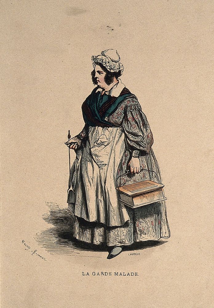 A home nurse carrying a 'hot-coal' bed warmer. Coloured wood engraving by J.A. Lavieille after H.B. Monnier.