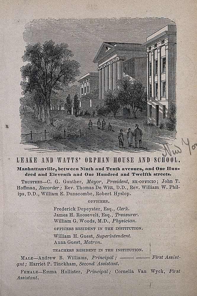 Leake and Watts' Orphan House and School, New York City. Wood engraving.