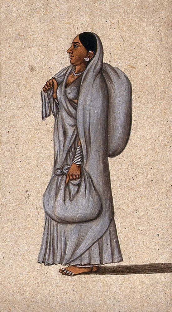 A woman carrying two cloth bundles, one slung over her right shoulder and the other in her left hand. Gouache painting by an…
