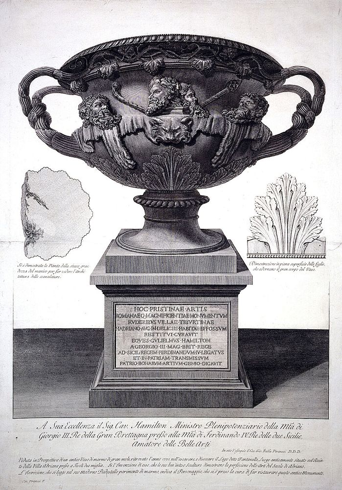A marble vase placed on a pedestal. Etching by G.B. Piranesi, ca. 1770.
