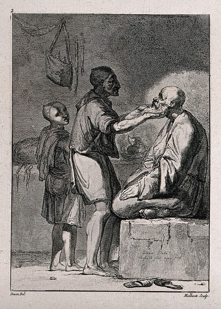 An Egyptian barber shaving a man in his shop; a boy assistant looks on. Etching by G. Malbeste after V. Denon.