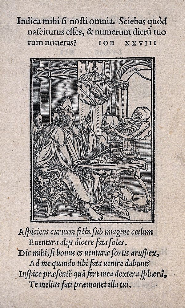 The dance of death: the astrologer. Woodcut by Hans Holbein the younger.