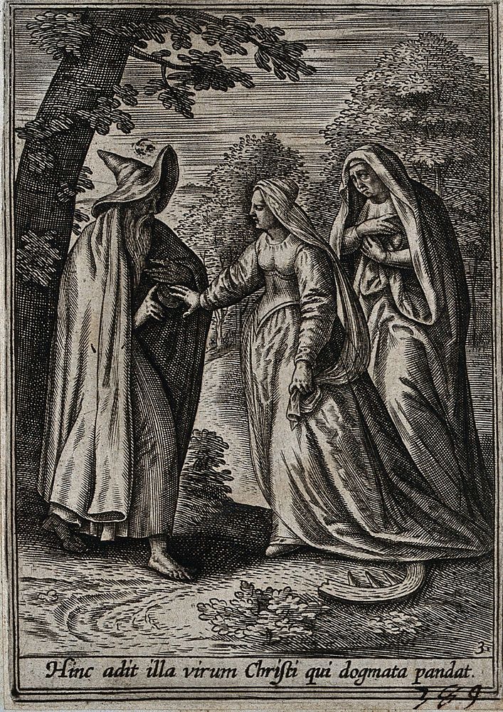 Saint Catherine: she approaches a hermit who reveals to her the teachings of Christ. Engraving by A. Wierix III.