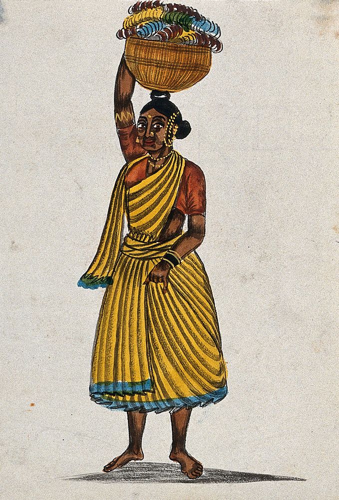 Bangle woman, Madras, India. Watercolour drawing.
