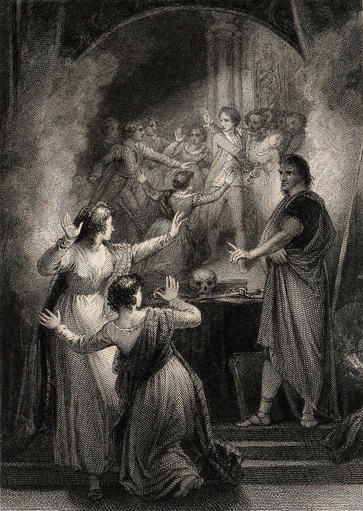 Women looking at a vision in a magic mirror. Engraving by E.J. Portbury after J. Masey Wright.