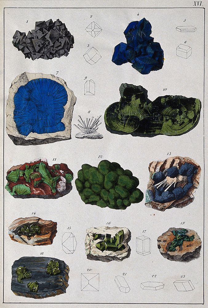 Chemistry: various crystalline substances. Coloured engraving.
