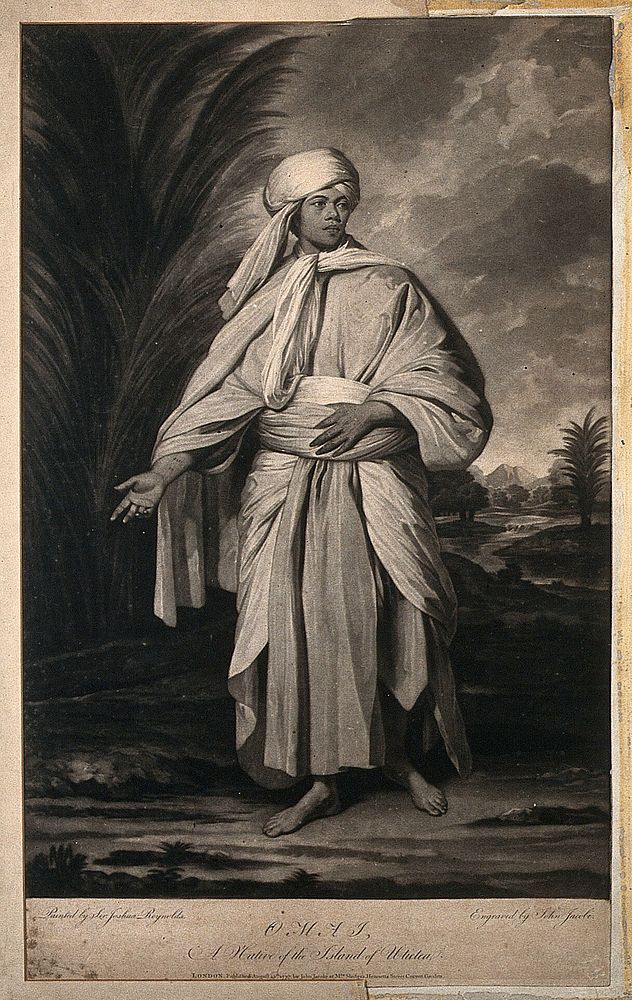 Omai, a man from the island of Raiatea, Polynesia. Mezzotint by J. Jacobé after J. Reynolds, 1777.
