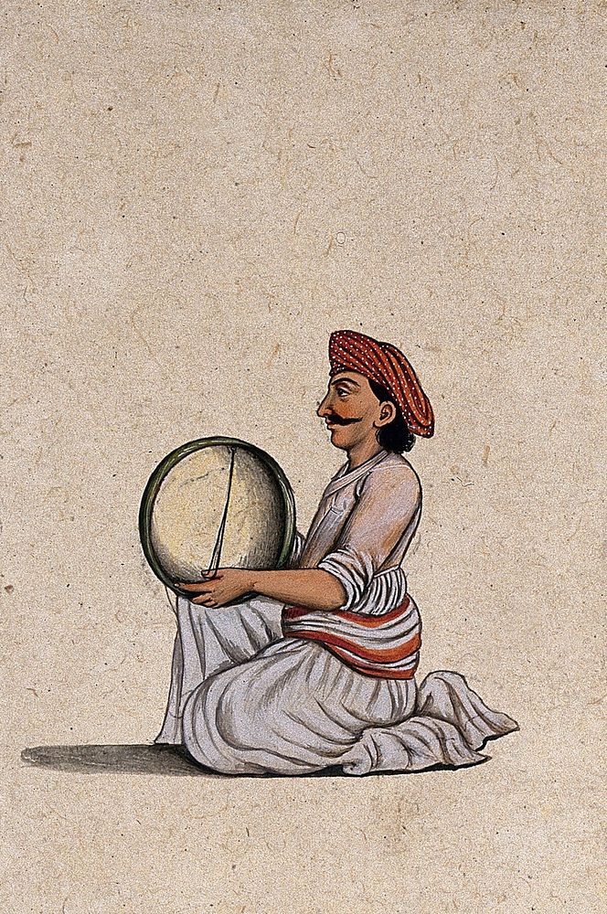 A musician from Lucknow playing the tambourine. Gouache painting by an Indian artist.