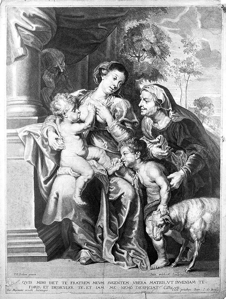 The Virgin Mary breast feeding Christ while John the Baptist and Saint Elizabeth gaze at him in wonder. Engraving by J.…