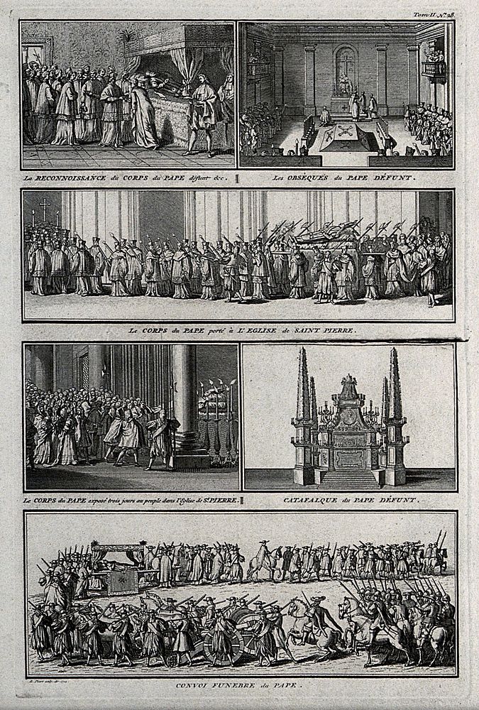 The ceremonies of a papal funeral. Etching by Picart after himself, 1724.