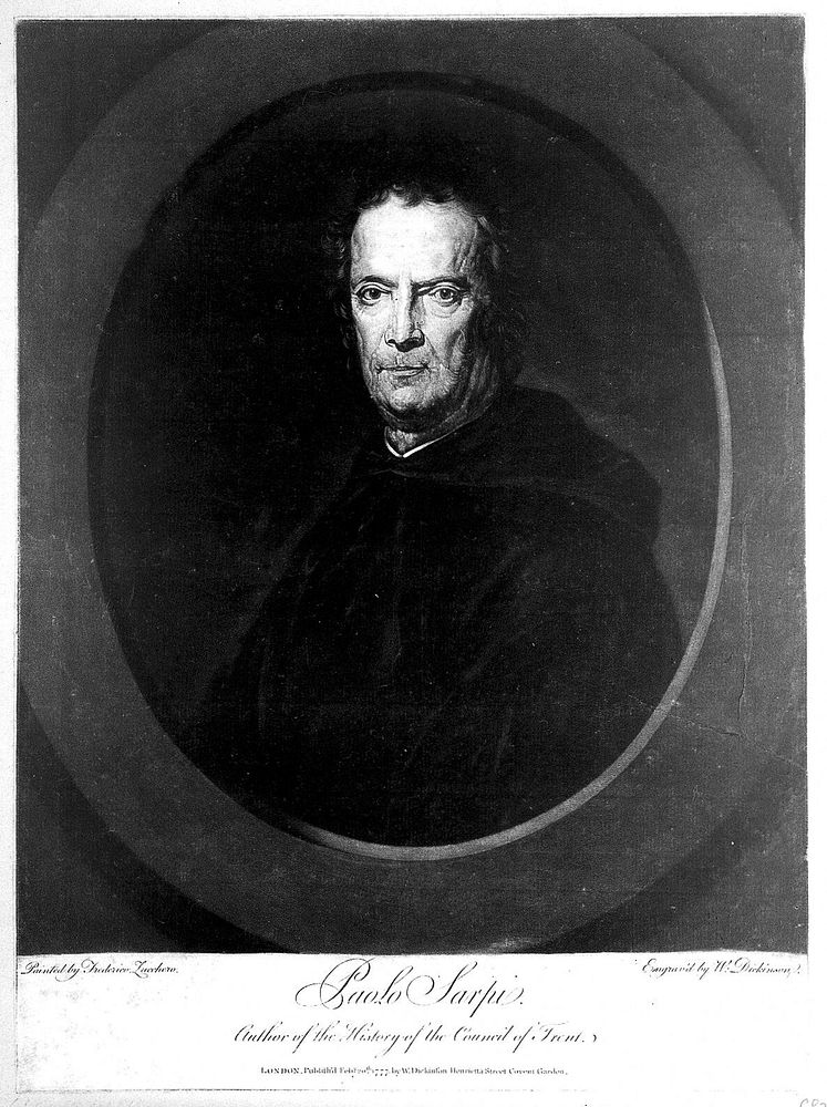 Pietro Paolo Sarpi. Mezzotint by W. Dickinson, 1777, after F. Zucchero.