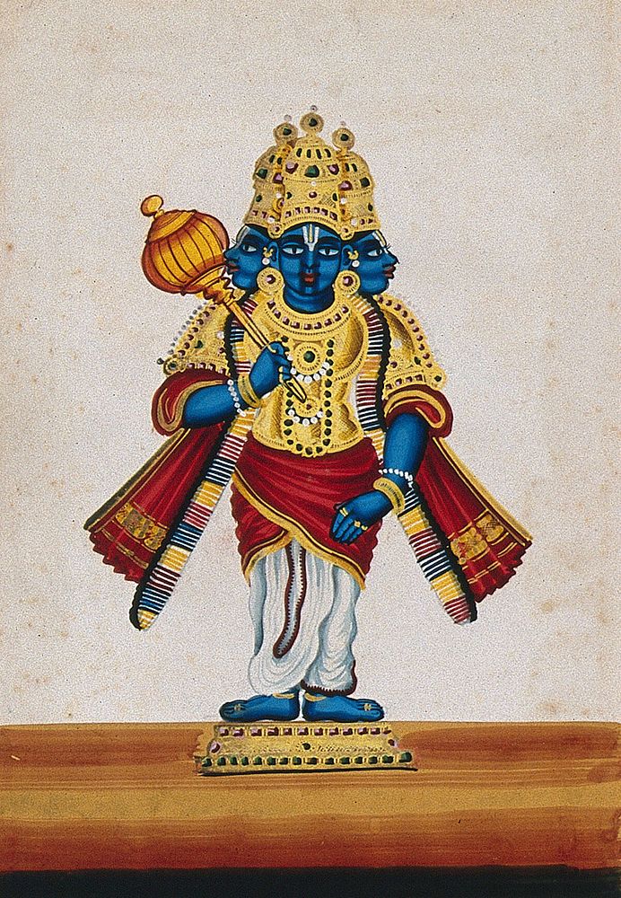 A three-headed, blue-skinned statue of an Indian deity (Vishnu ), holding a mace. Gouache painting by an Indian artist.