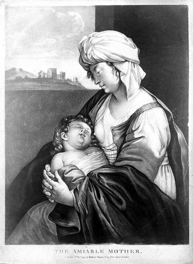 A woman holding her sleeping baby after breast feeding it. Mezzotint.