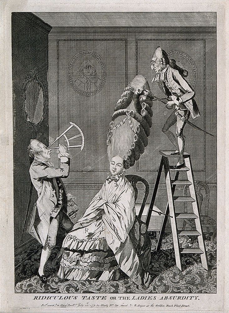A woman seated in a chamber having her exceptionally high wig (which towers above her head in an oval form, and is flanked…