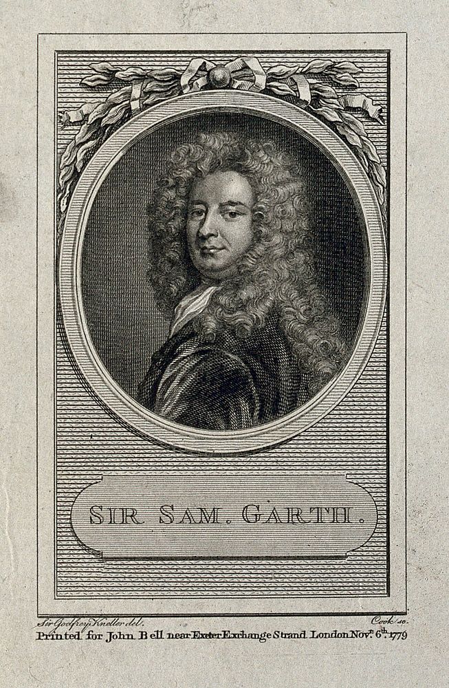 Sir Samuel Garth. Line engraving by Cook, 1779, after Sir G. Kneller.