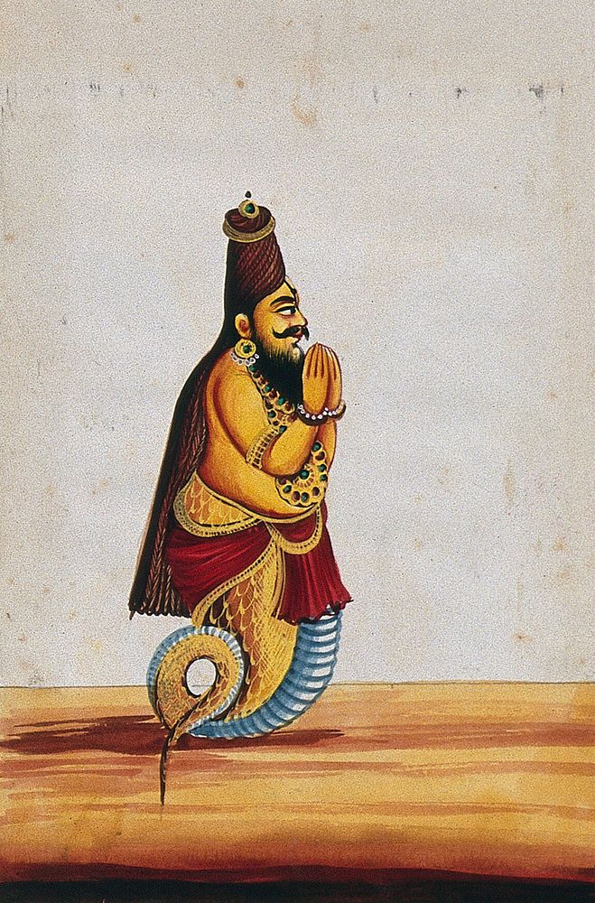 A maharishi (Patañjali) with the head and torso of a man and a tail of a serpent or fish, with hands joined in reverence.…