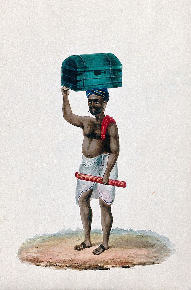 A porter carrying a chest on top of his head. Gouache painting by an Indian artist.