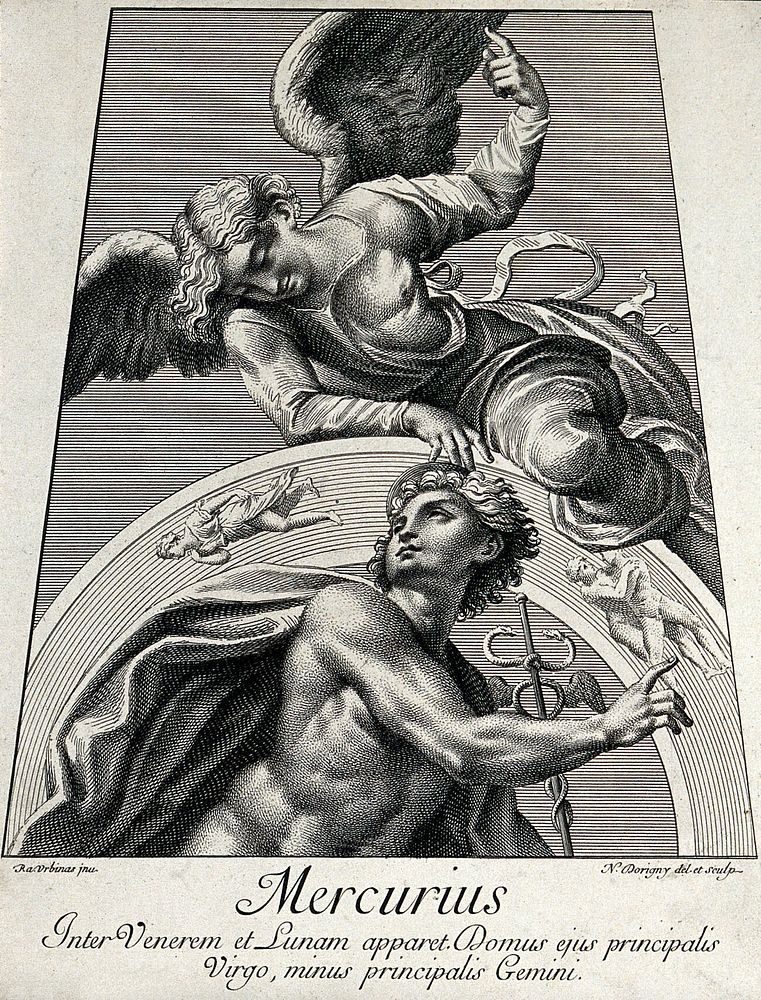 Astronomy: the god Mercury; representing the planet Mercury. Engraving by N. Dorigny, 1695, after Raphael, 1516.