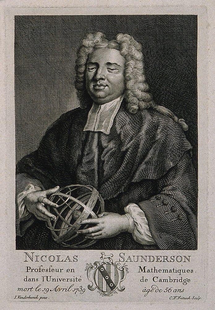 Nicholas Saunderson [Sanderson]. Line engraving by C. F. Fritzsch after J. Vanderbank, 1719.