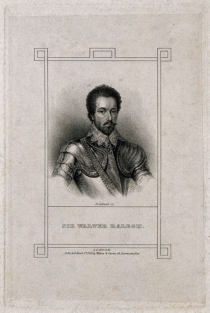 Sir Walter Raleigh. Stipple engraving by H. Adlard, 1821, after G. Vertue.