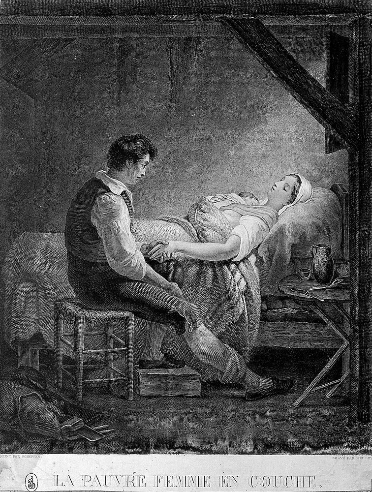 A poor woman in childbirth being watched by her husband. Engraving by J.-J. Frilley, 1827, after Ary Scheffer.