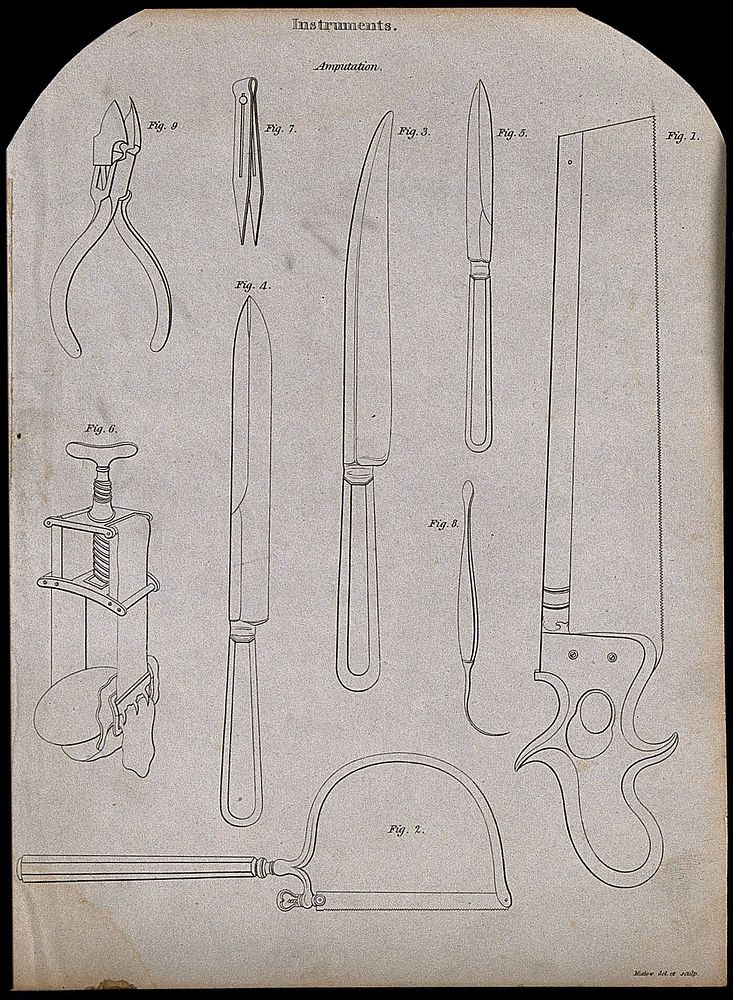Surgical instruments for amputations. Engraving by Mutlow.
