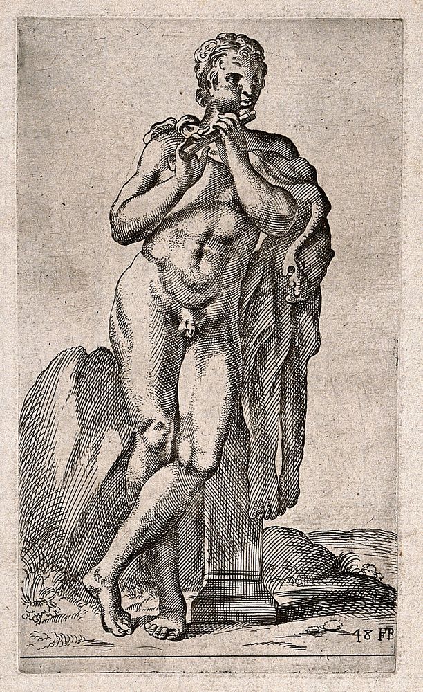 A faun playing a pipe. Etching by F. Perrier.