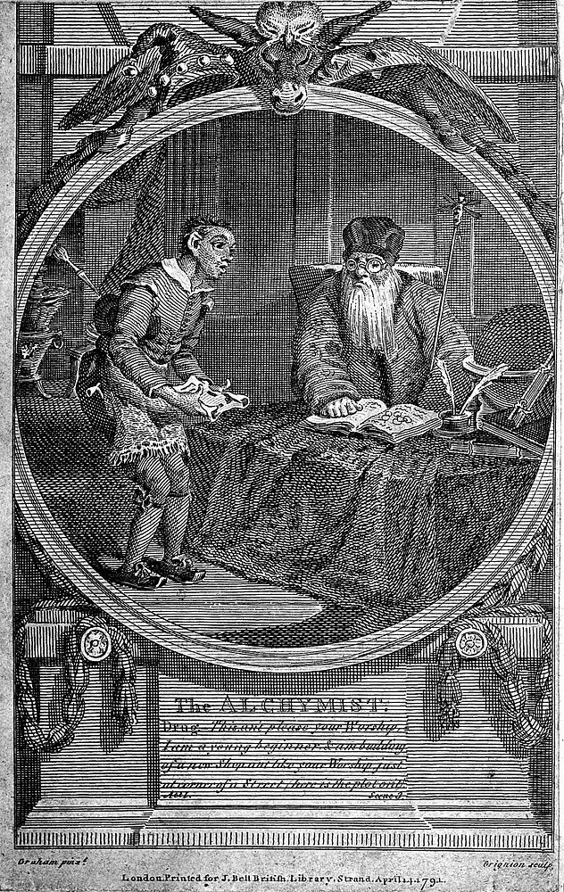 Subtle the alchemist, posing as an astrologer, being visited by Abel Drugger, in Ben Jonson's 'The alchemist'. Engraving by…