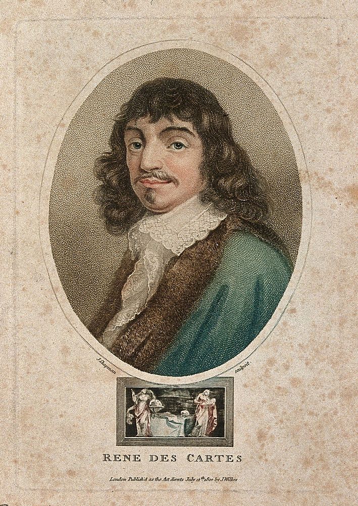 René Descartes. Coloured stipple engraving by J. Chapman, 1800, after F. Hals, 1649.