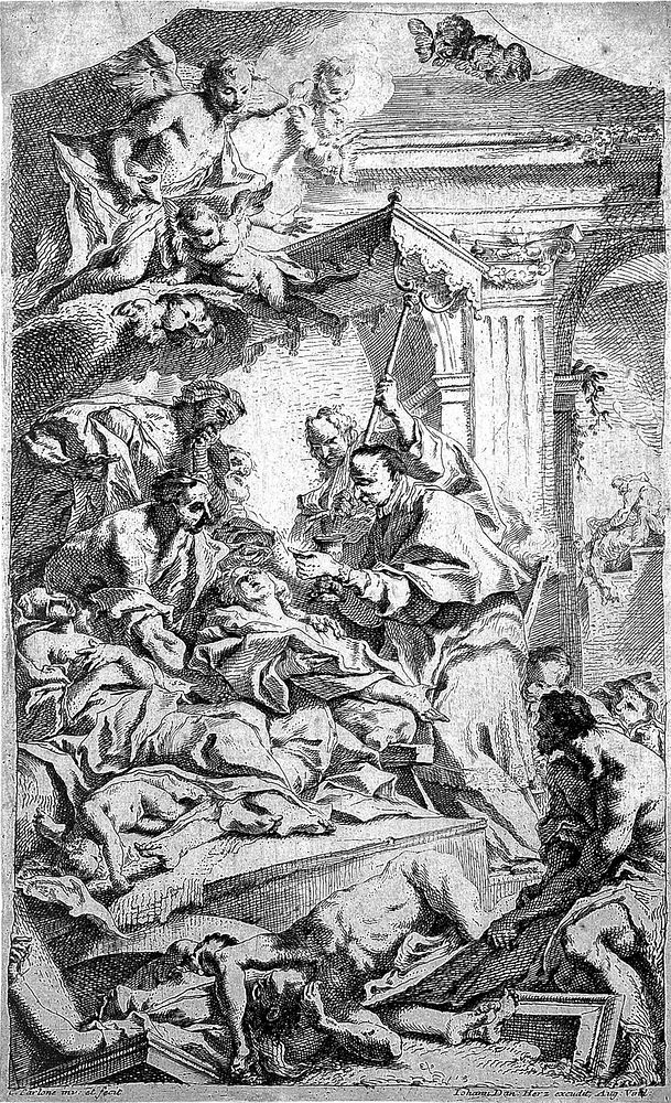 Saint Carlo Borromeo administering communion to plague victims. Etching by C. Carlone.
