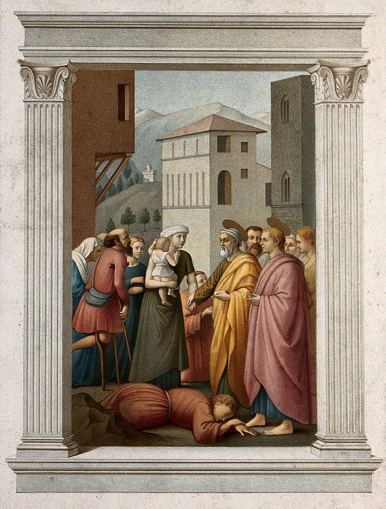 Saint Peter giving alms. Chromolithograph by L. Gruner, 1863, after C. Mariannecci after Masaccio.