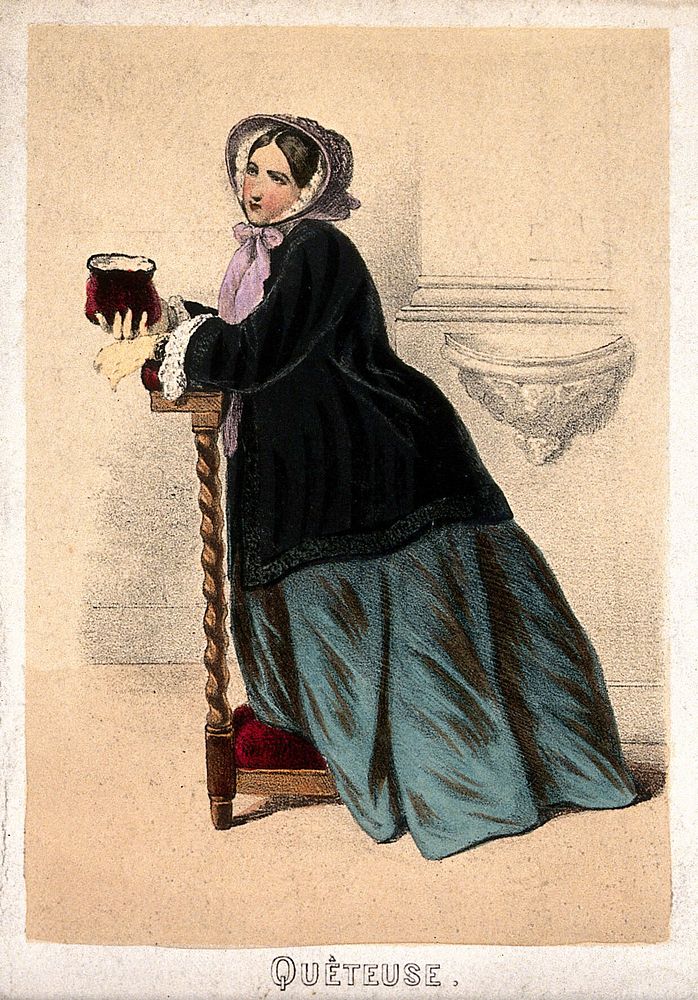 A woman kneels in a church with a collecting purse in her hand. Coloured lithograph.