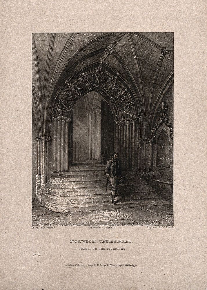 Norwich Cathedral, Norwich, Norfolk: cloisters entrance. Line engraving by W. French, 1837, after R. Garland.