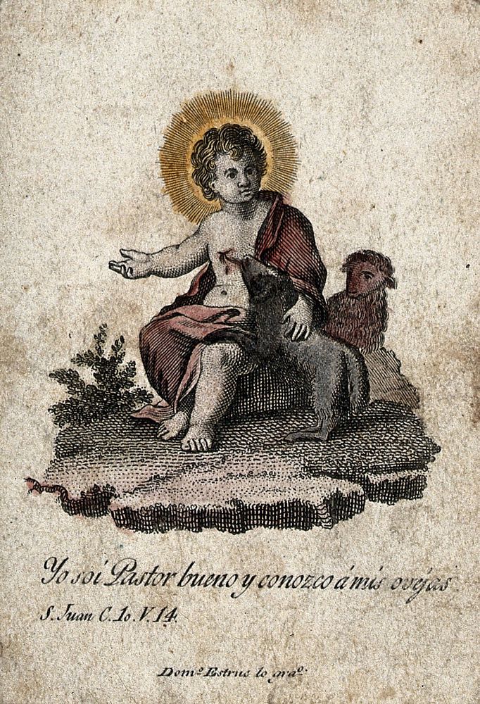 Christ as the Good Shepherd. Coloured engraving by D. Estruch y Jordán.