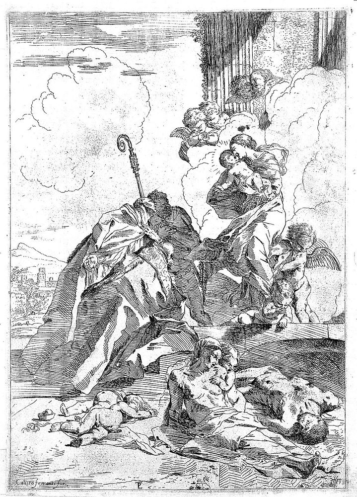 Saint Nicholas and Saint Roch invoking the help of the Virgin to stay the plague. Etching by P. Testa.