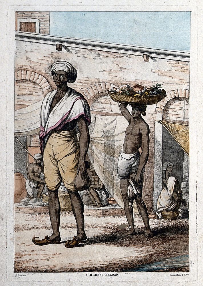 House-seller for Europeans returning from market with an attendant carrying his purchases, Calcutta, West Bengal. Coloured…