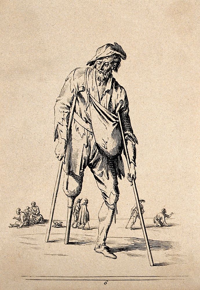 An old man on crutches with a wooden leg. Etching by Jean Duplessi-Bertaux.
