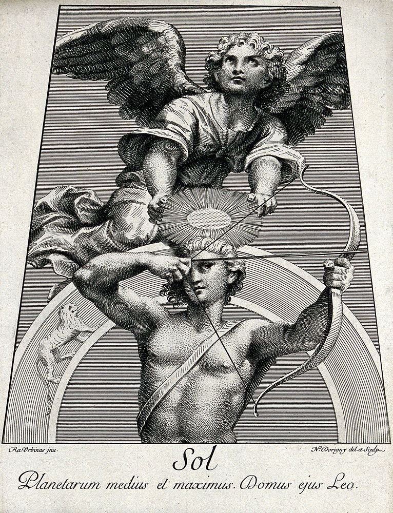 Astronomy: Apollo as the Sun god with his bow and arrow, an angel above, looking heavenward. Engraving by N. Dorigny, 1695…