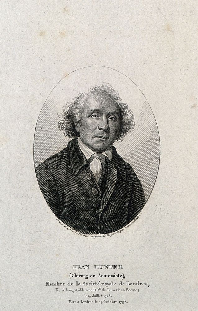 John Hunter. Stipple engraving by A. Tardieu after Sir J. Reynolds, 1786.