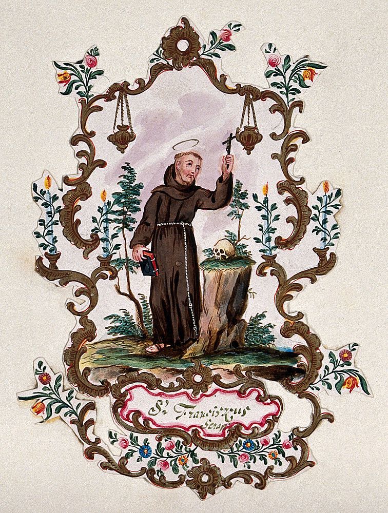 Saint Francis of Assisi, in a rococo frame, holding a Bible and a crucifix. Watercolour.