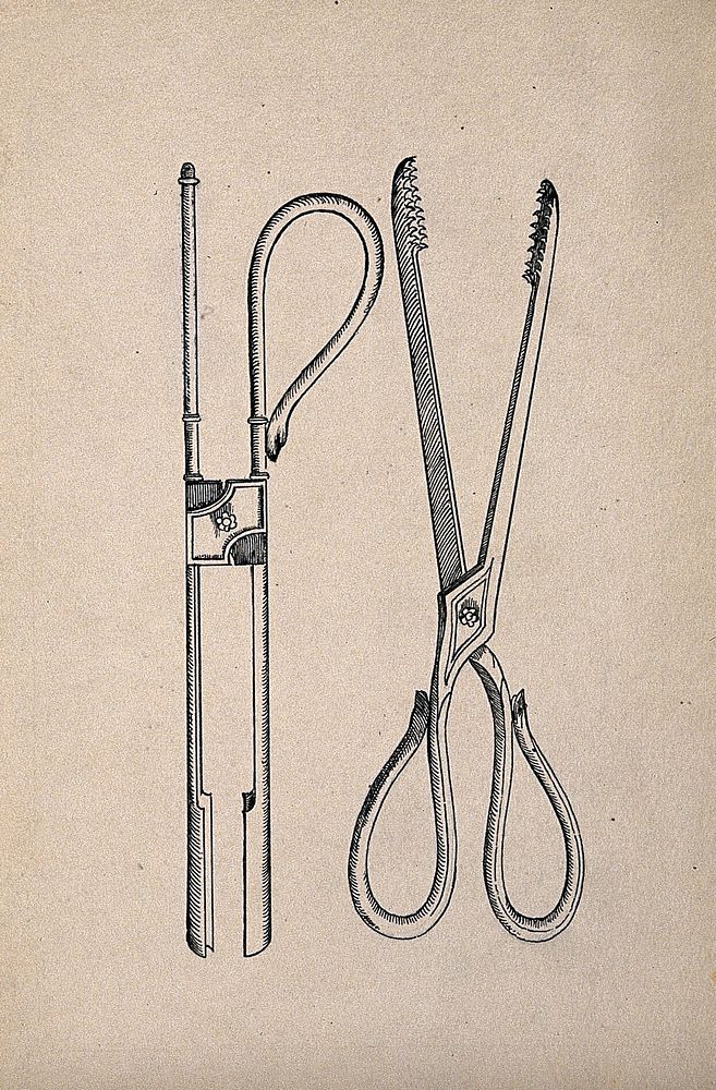 Surgical instruments. Drawing with watercolour.