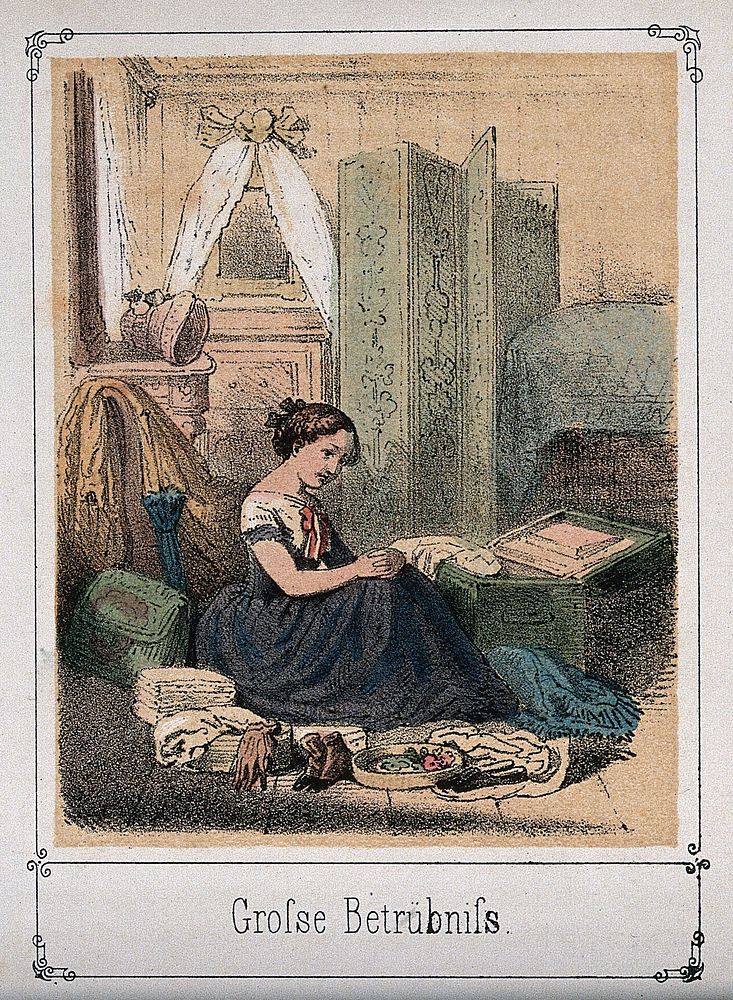 A girl is sitting in a room by an open trunk looking very sad. Coloured lithograph.