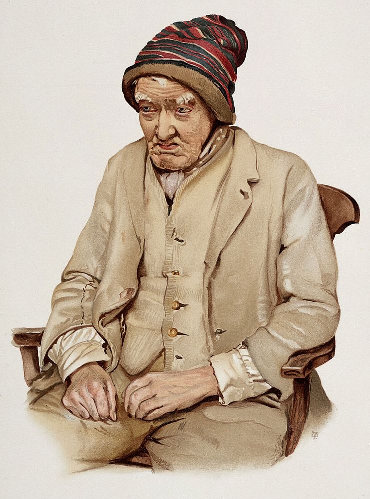 An old man diagnosed as suffering from senile dementia. Colour lithograph, 1896, after J. Williamson, ca. 1890.